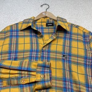 WE11DONE Button Shirt Mens L Yellow Plaid WD-TT1-21-551-U-BK Graphic Logo Street